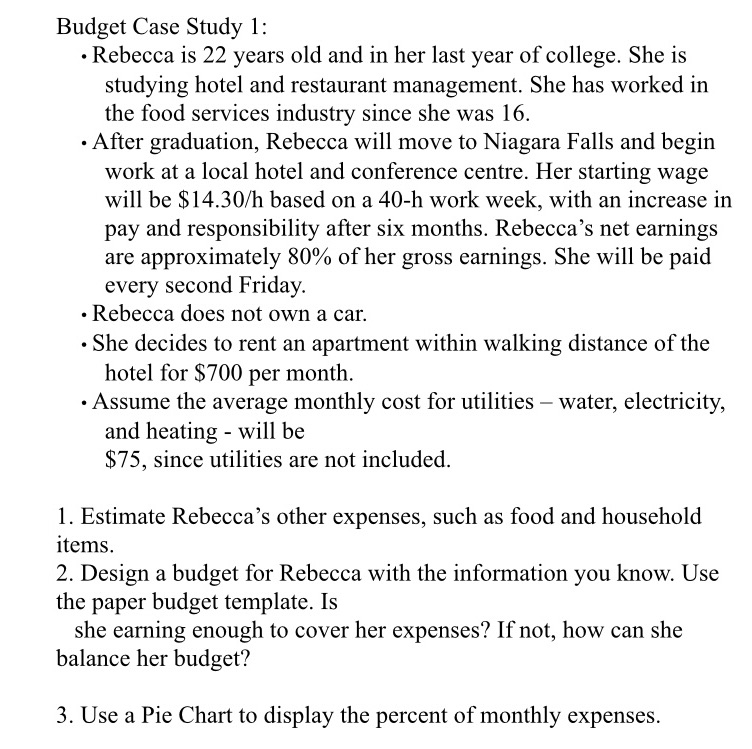 Budget Case Study 1: . Rebecca is 22 years old