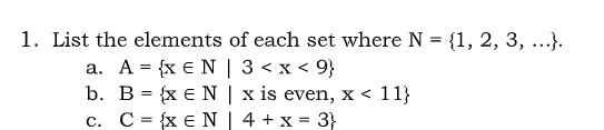 1. List the elements of each set where N = (1, 2,