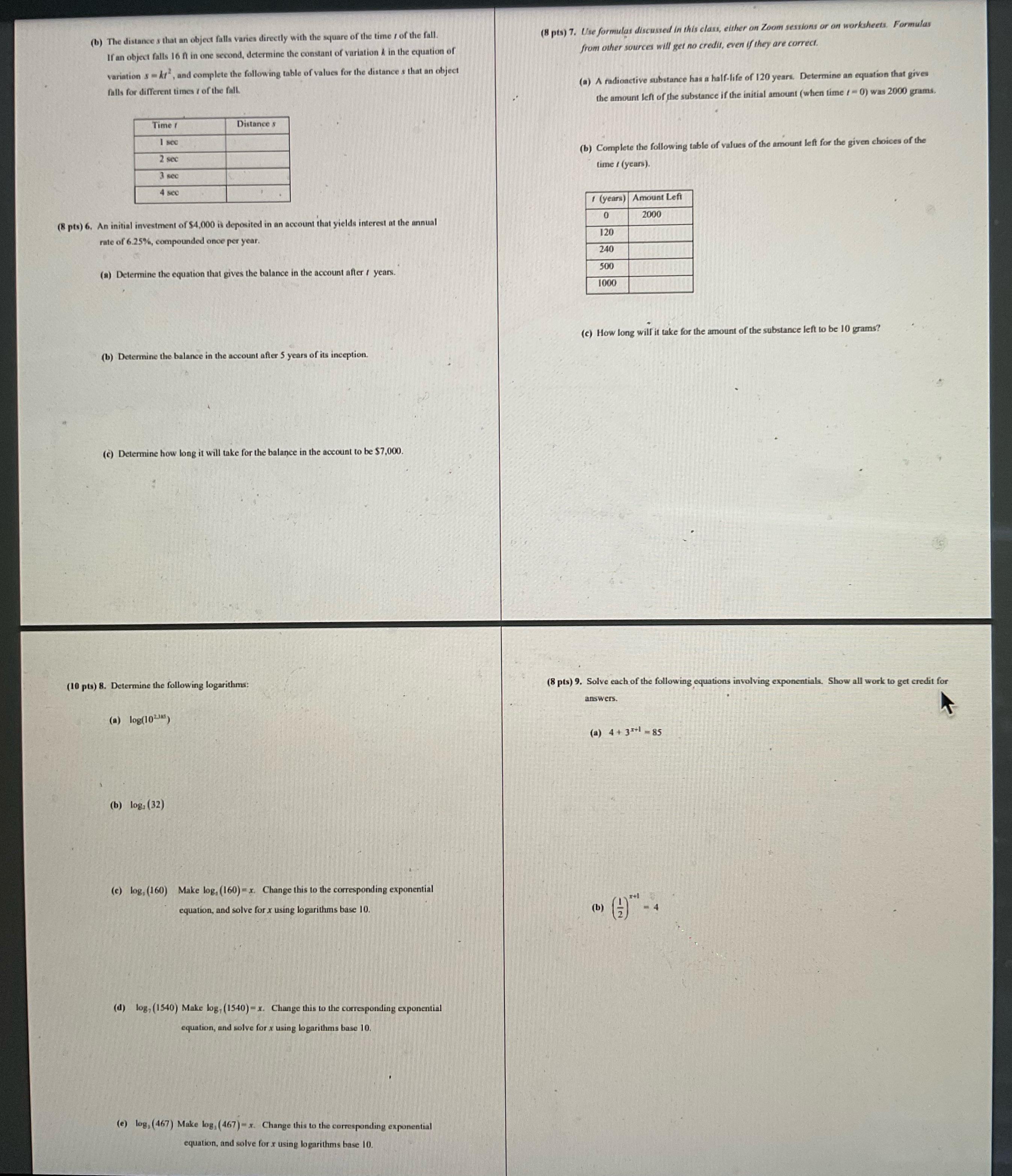(b) The distance s that an object falla varies
