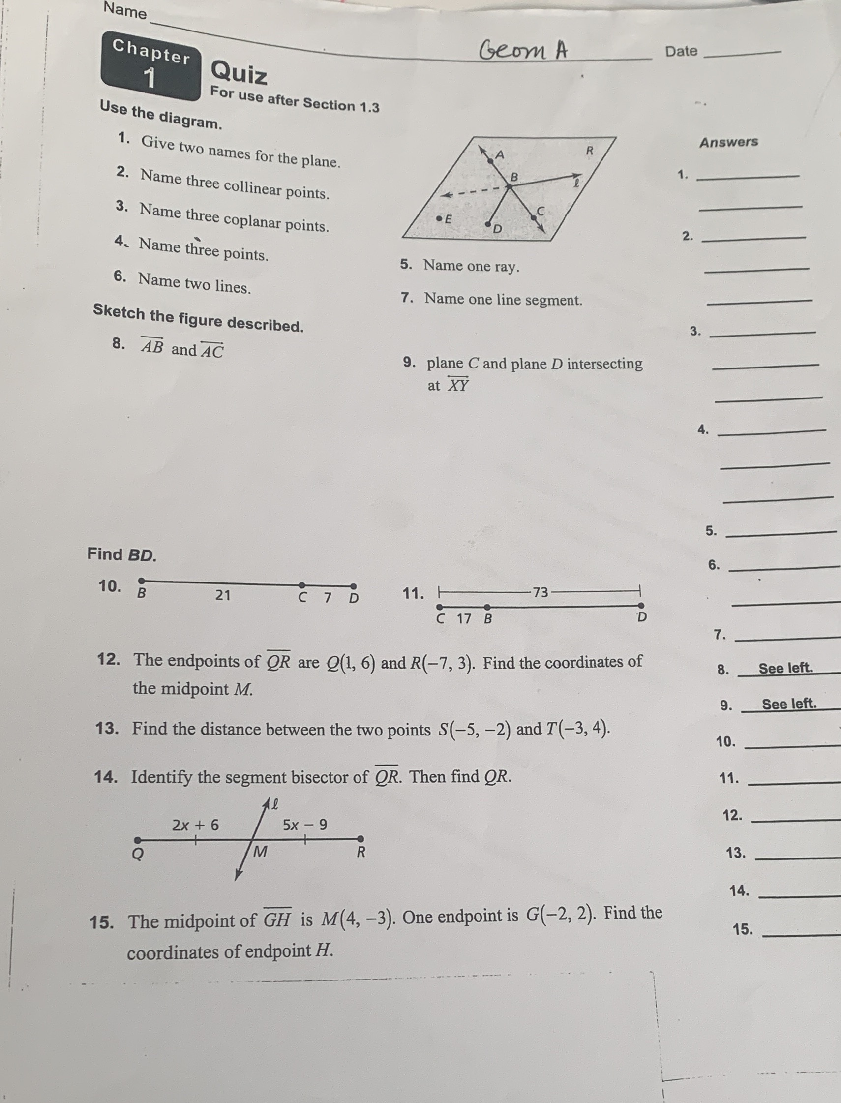 Please help me. Name Chapter Geom A Date Quiz For