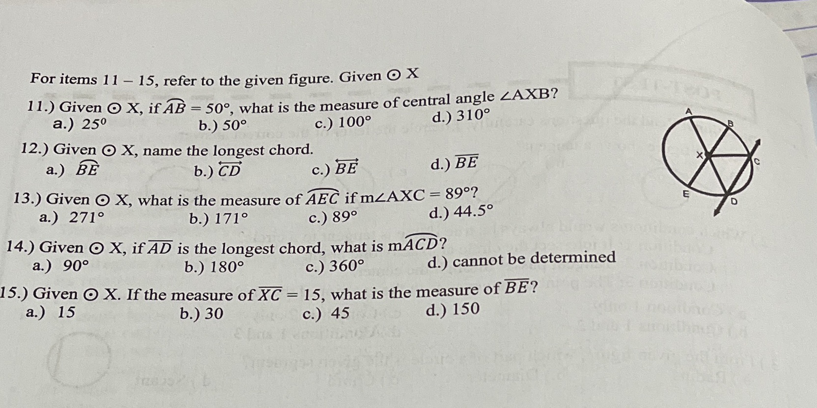 For items 11 - 15, refer to the given figure.