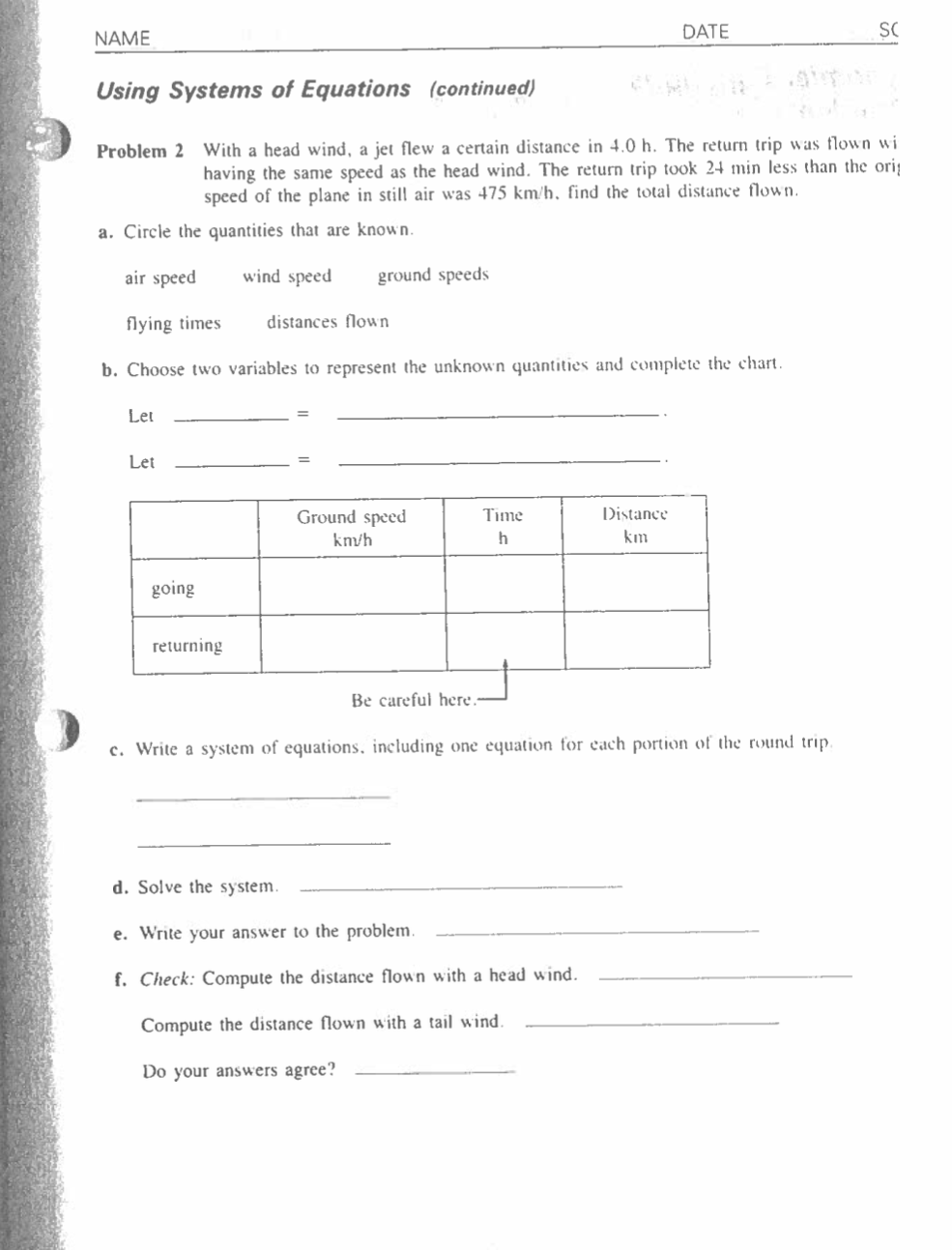 NAME DATE SCORE Using Systems of Equations (For