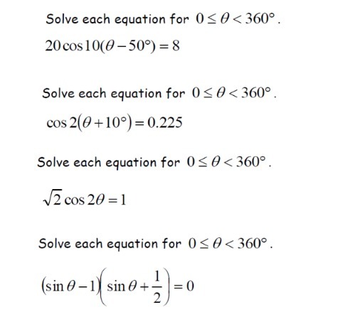 Solve each equation for OS 0 < 360. 20 cos 10(0