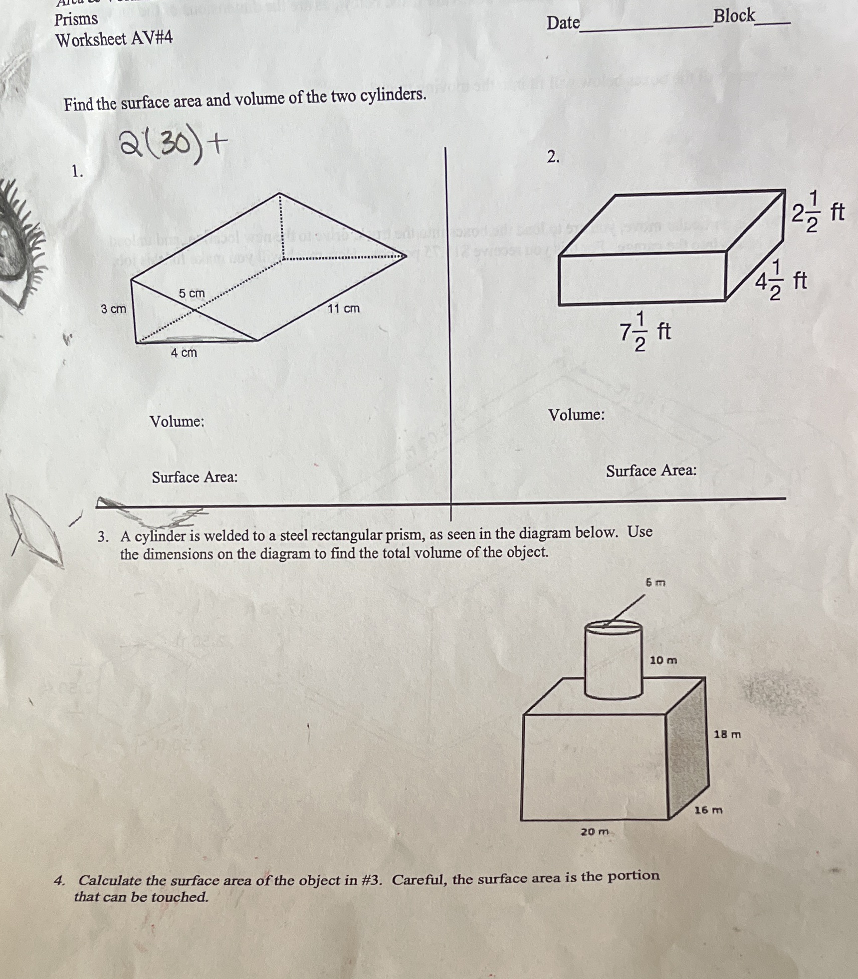 Prisms Block Worksheet AV#4 Date Find the surface