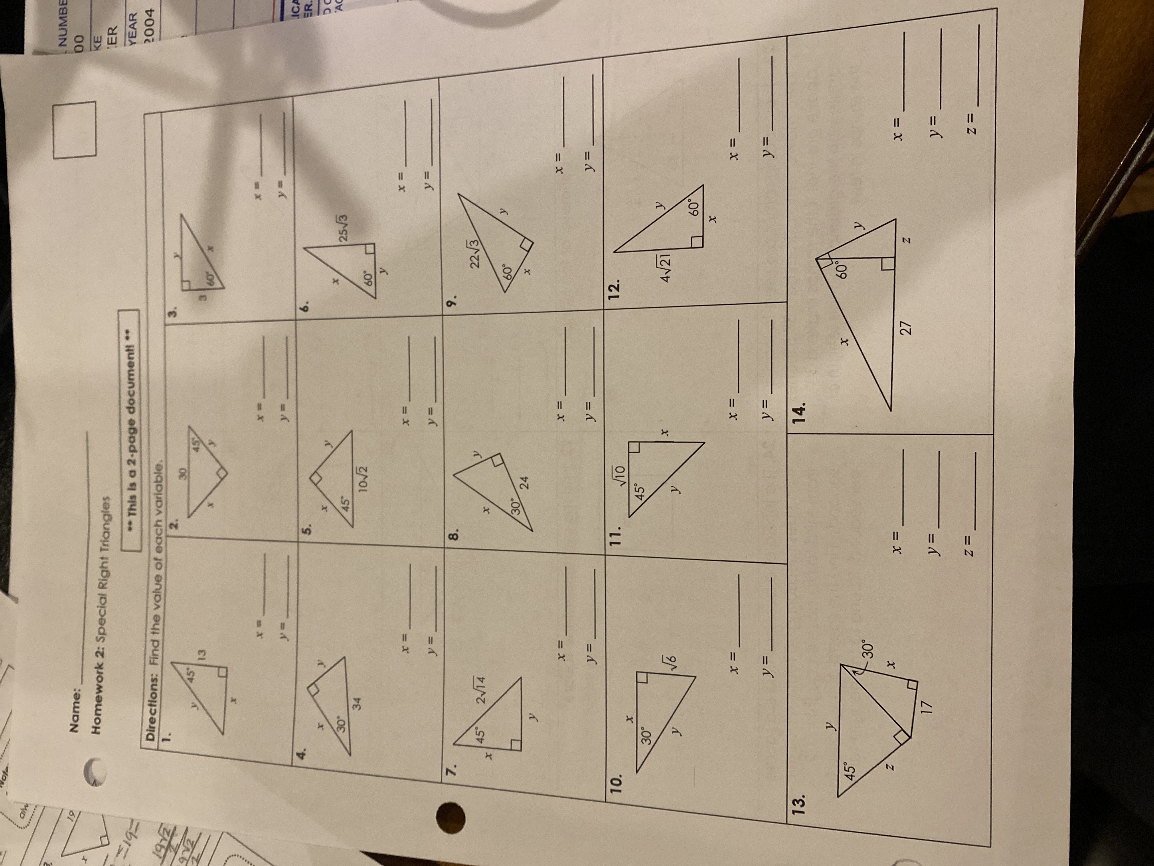 Name: NUMB Homework 2: Special Right Triangles 00