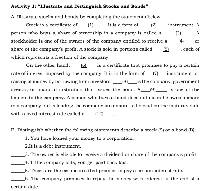Activity 1: "Illustrate and Distinguish Stocks
