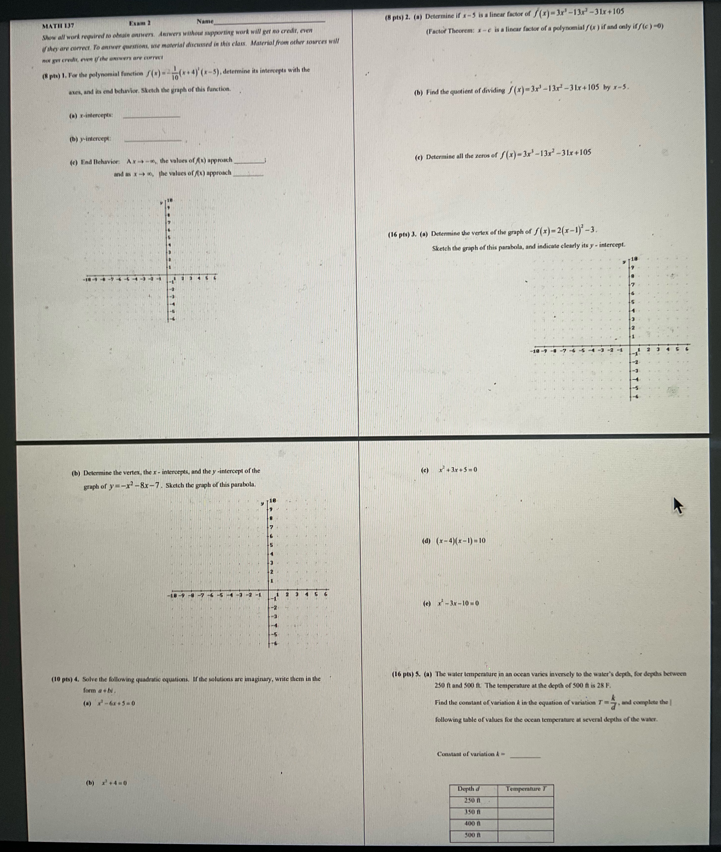 MATH 137 Exam 2 Name (8 pts) 2. (m) Determine if