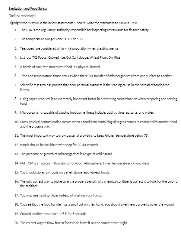 Sanitation and Food Safety Find the mistake(s):