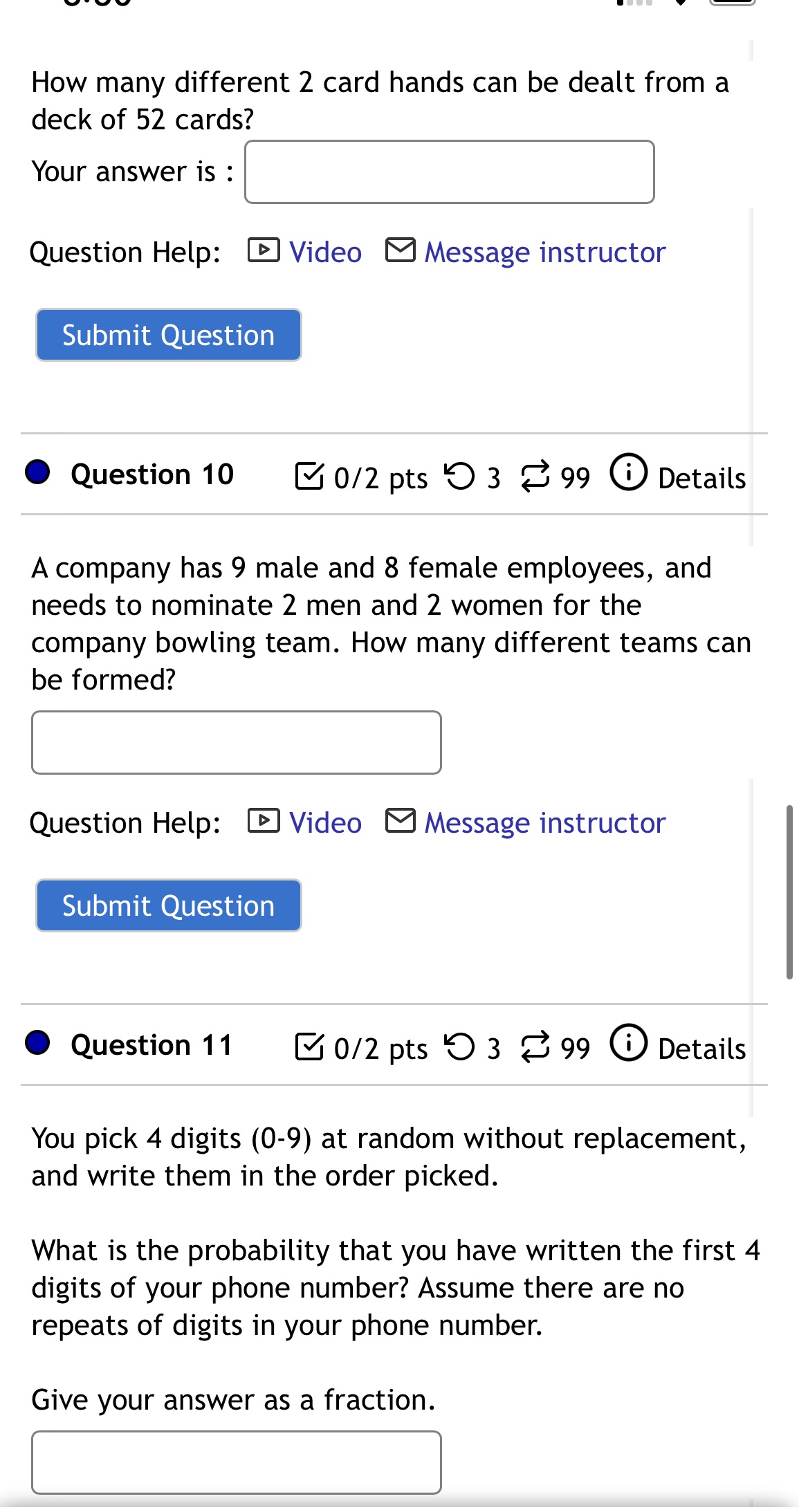 Total 3 questions How many different 2 card hands