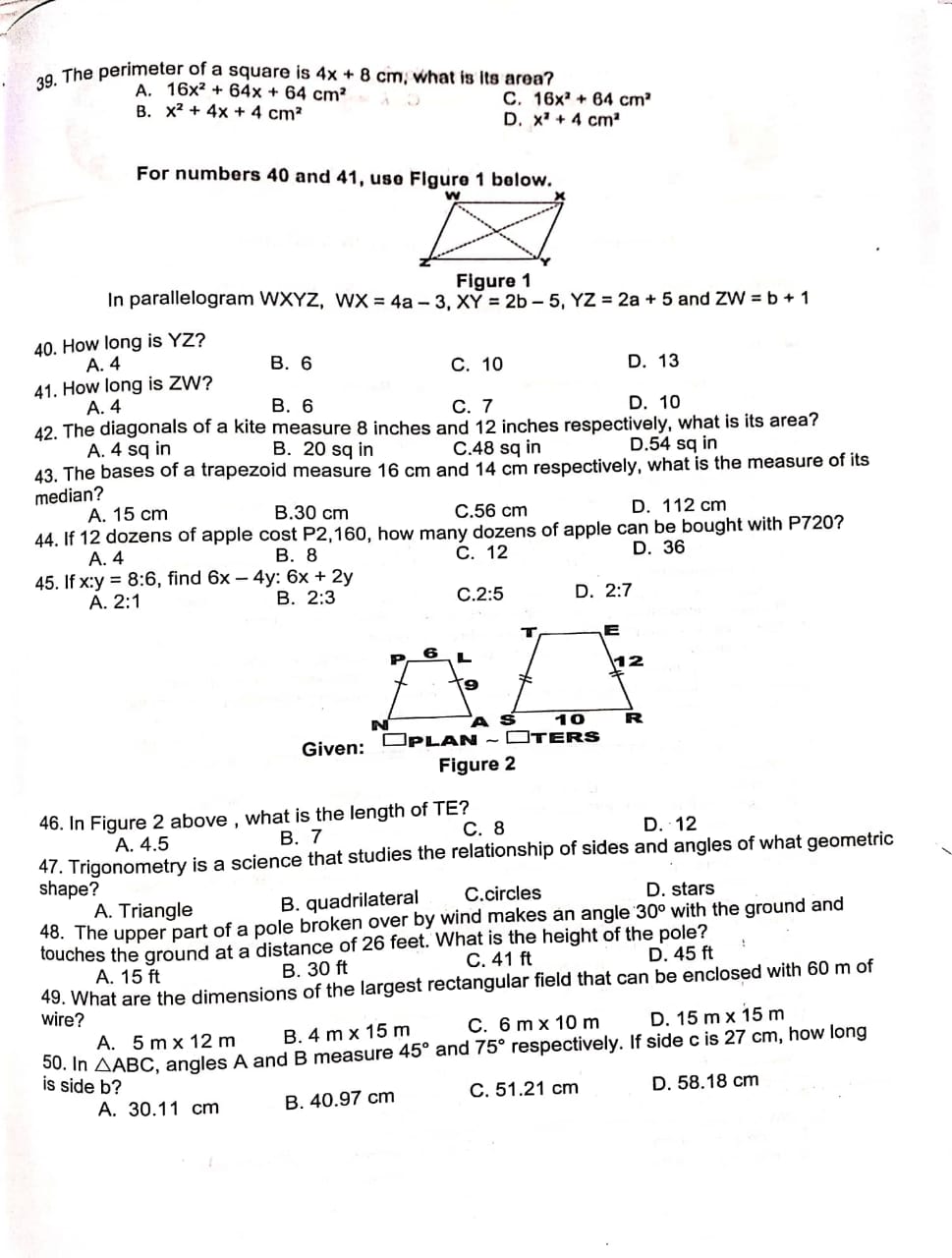 39. The perimeter of a square is 4x + 8 cm, what