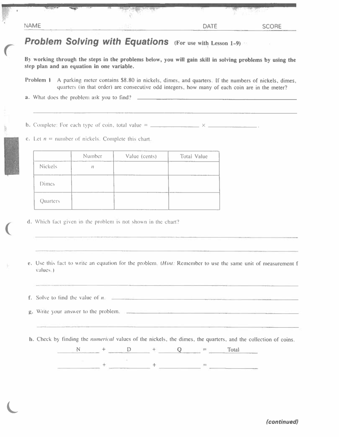 NAME DATE SCORE (. Problem Solving with Equations
