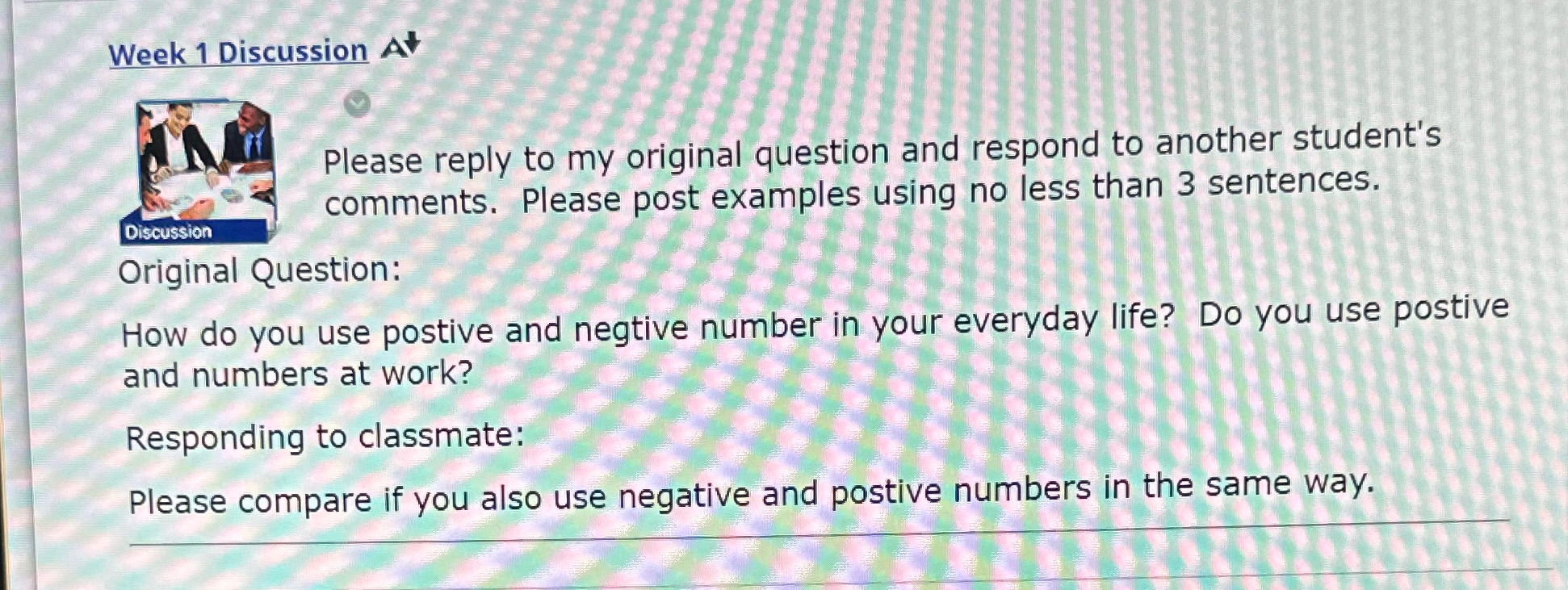 Week 1 Discussion At Please reply to my original