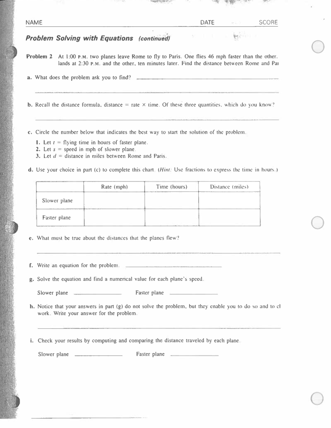 NAME DATE SCORE (. Problem Solving with Equations