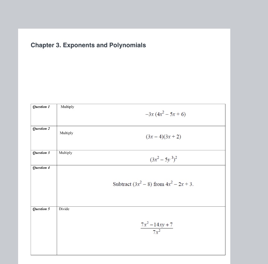 Chapter 3. Exponents and Polynomials Question I