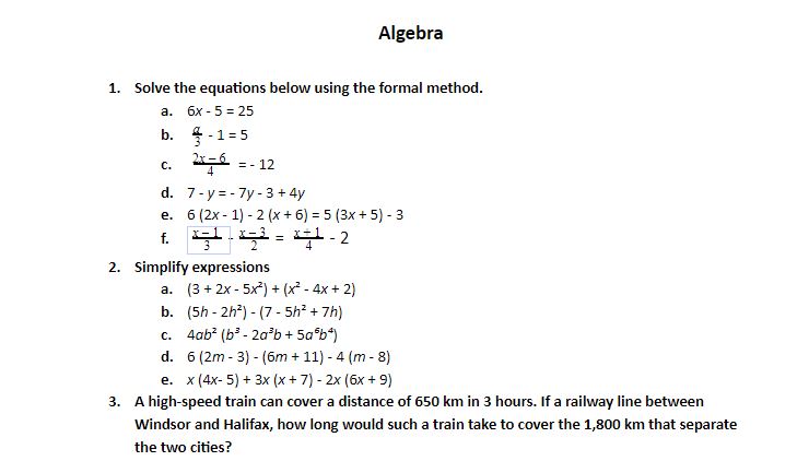 Algebra 1. Solve the equations below using the
