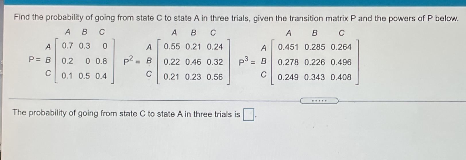 Find the probability of going from state C to