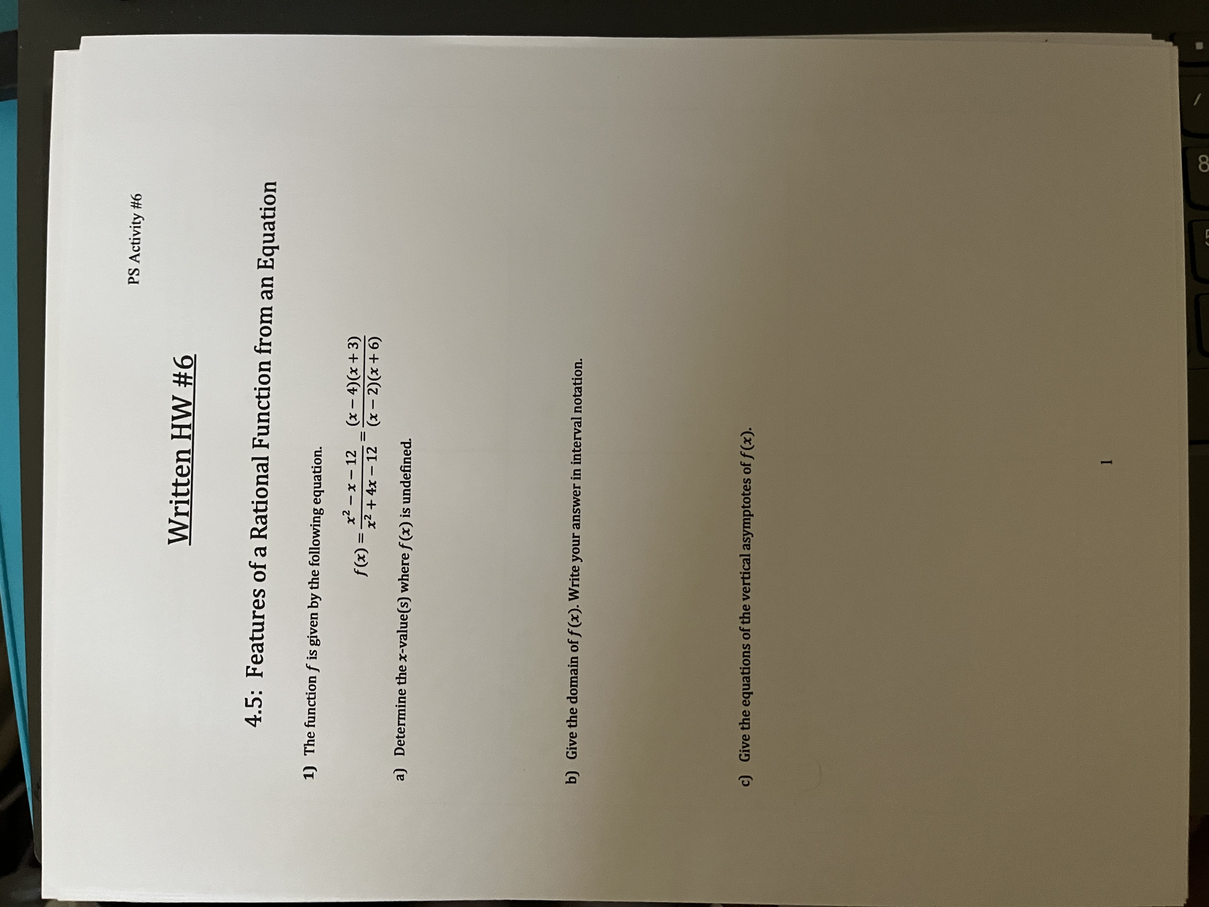 PS Activity #6 Written HW #6 4.5: Features of a