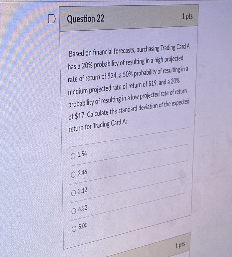 D Question 22 1 pts Based on financial forecasts,