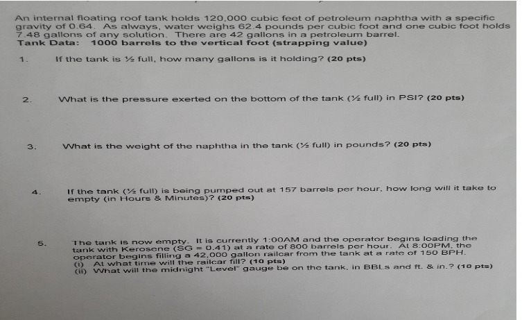 An internal floating roof tank holds 120,000