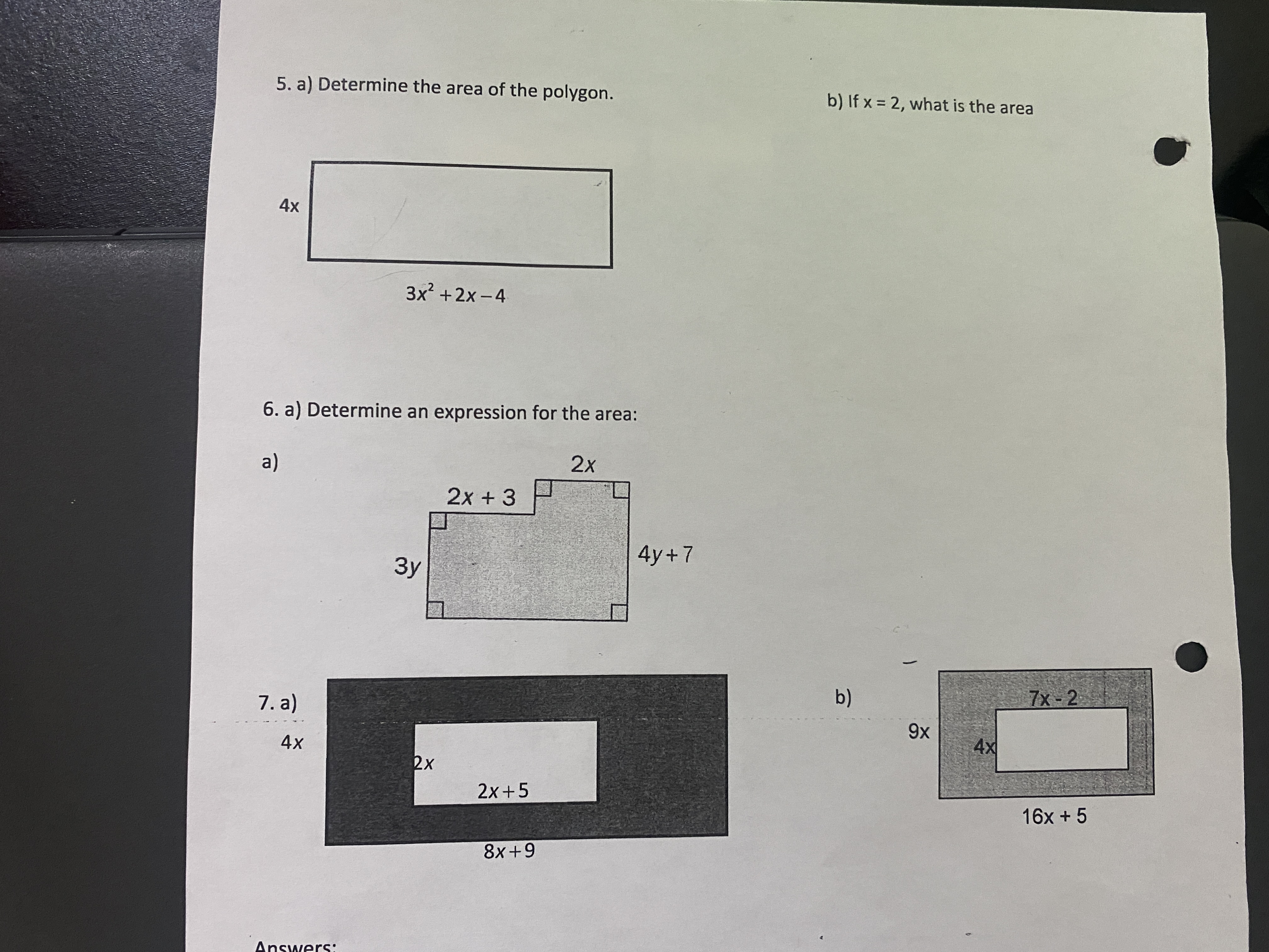 5. a) Determine the area of the polygon. b) If x