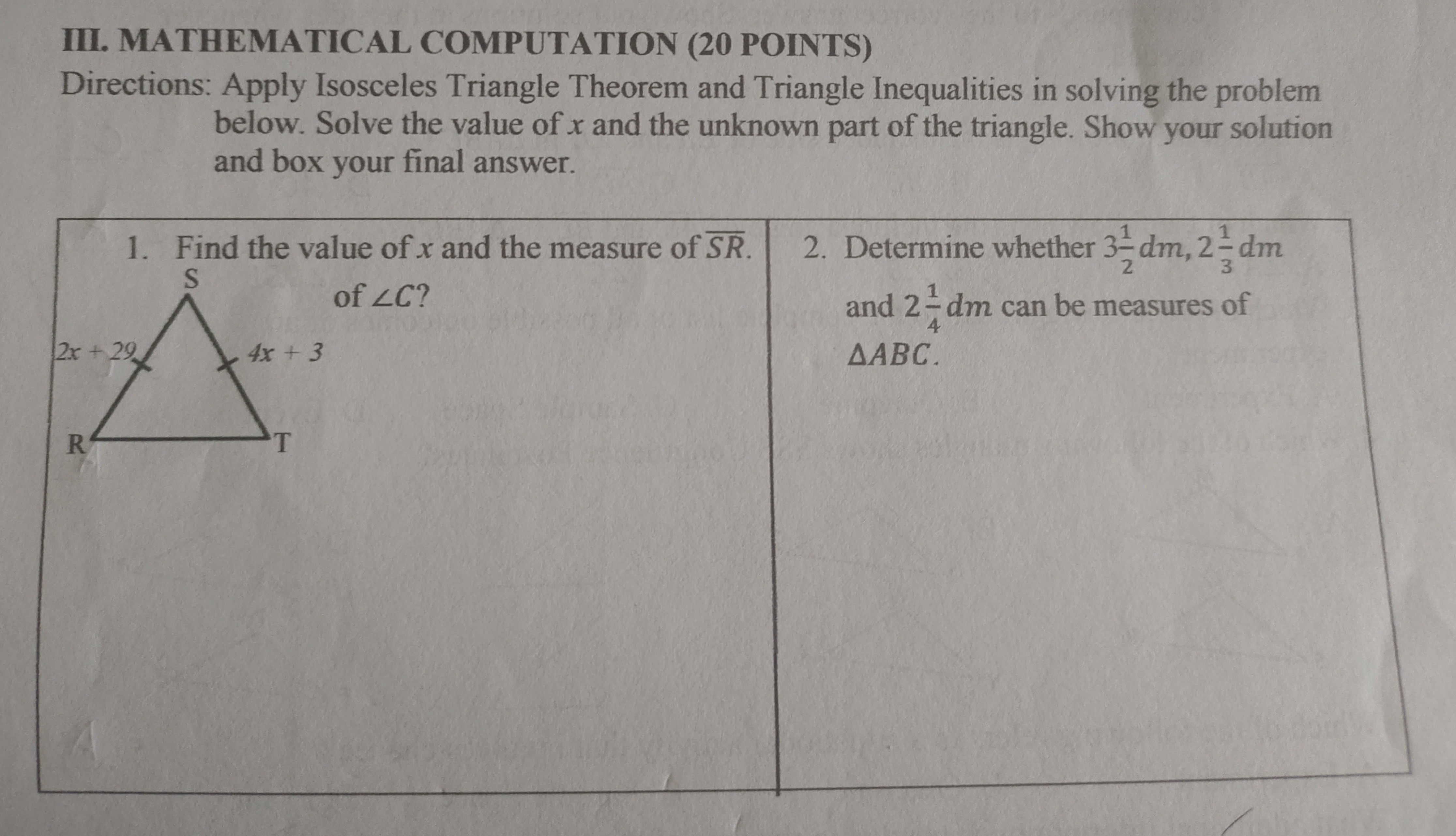 III. MATHEMATICAL COMPUTATION (20 POINTS)