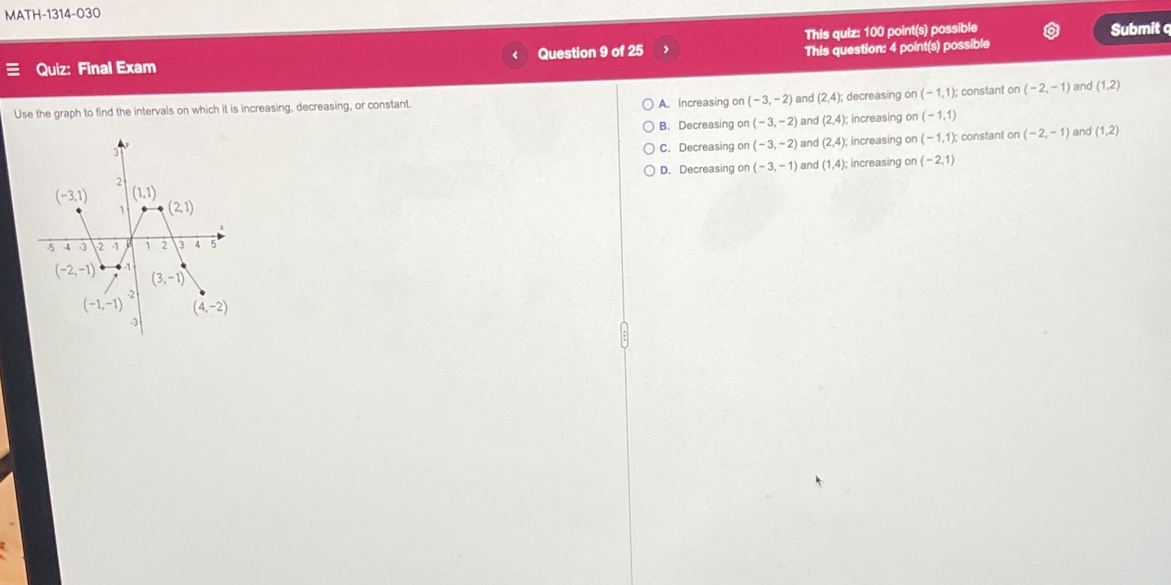 MATH-1314-030 E Quiz: Final Exam Question 9 of 25