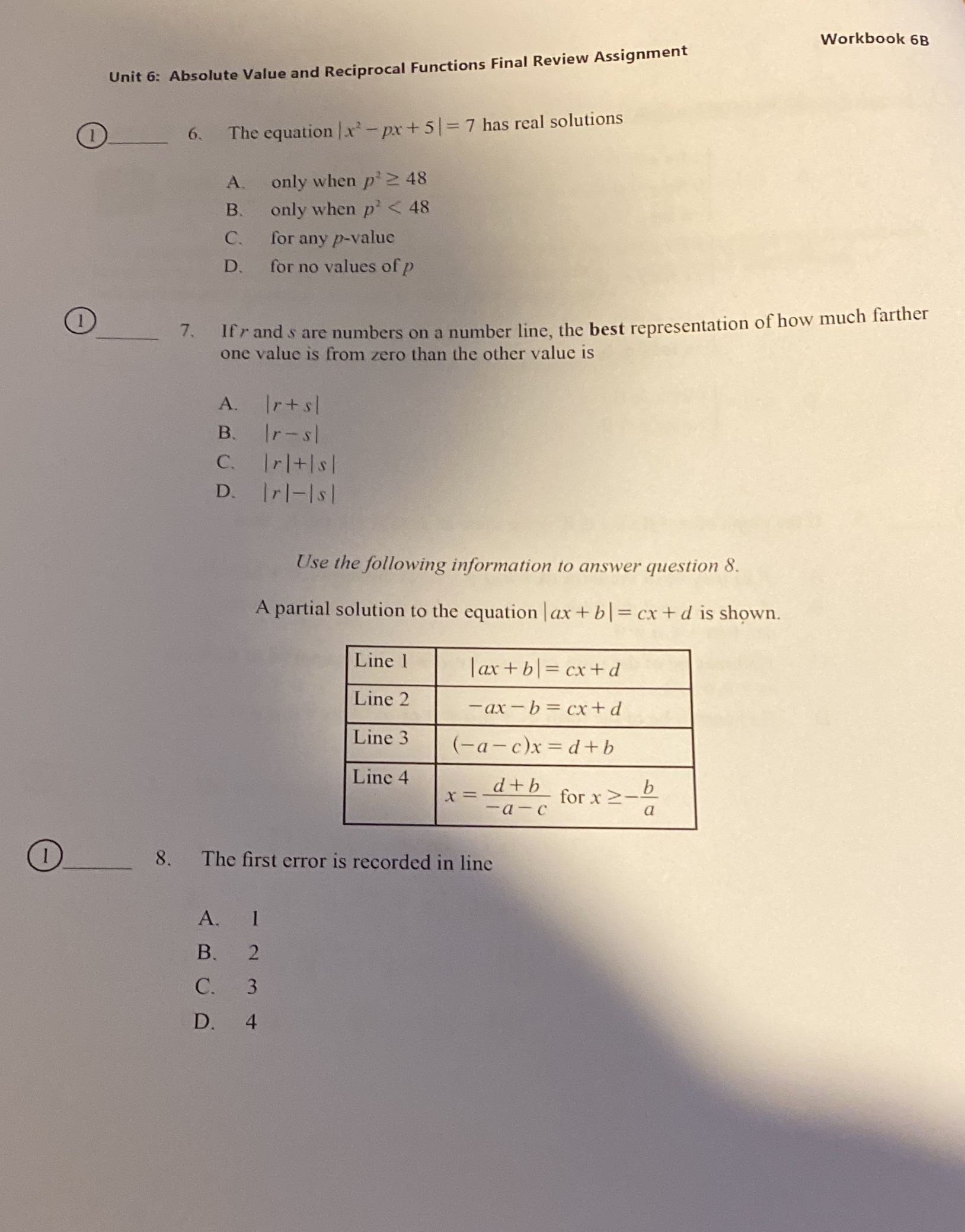 Workbook 6B Unit 6: Absolute Value and Reciprocal