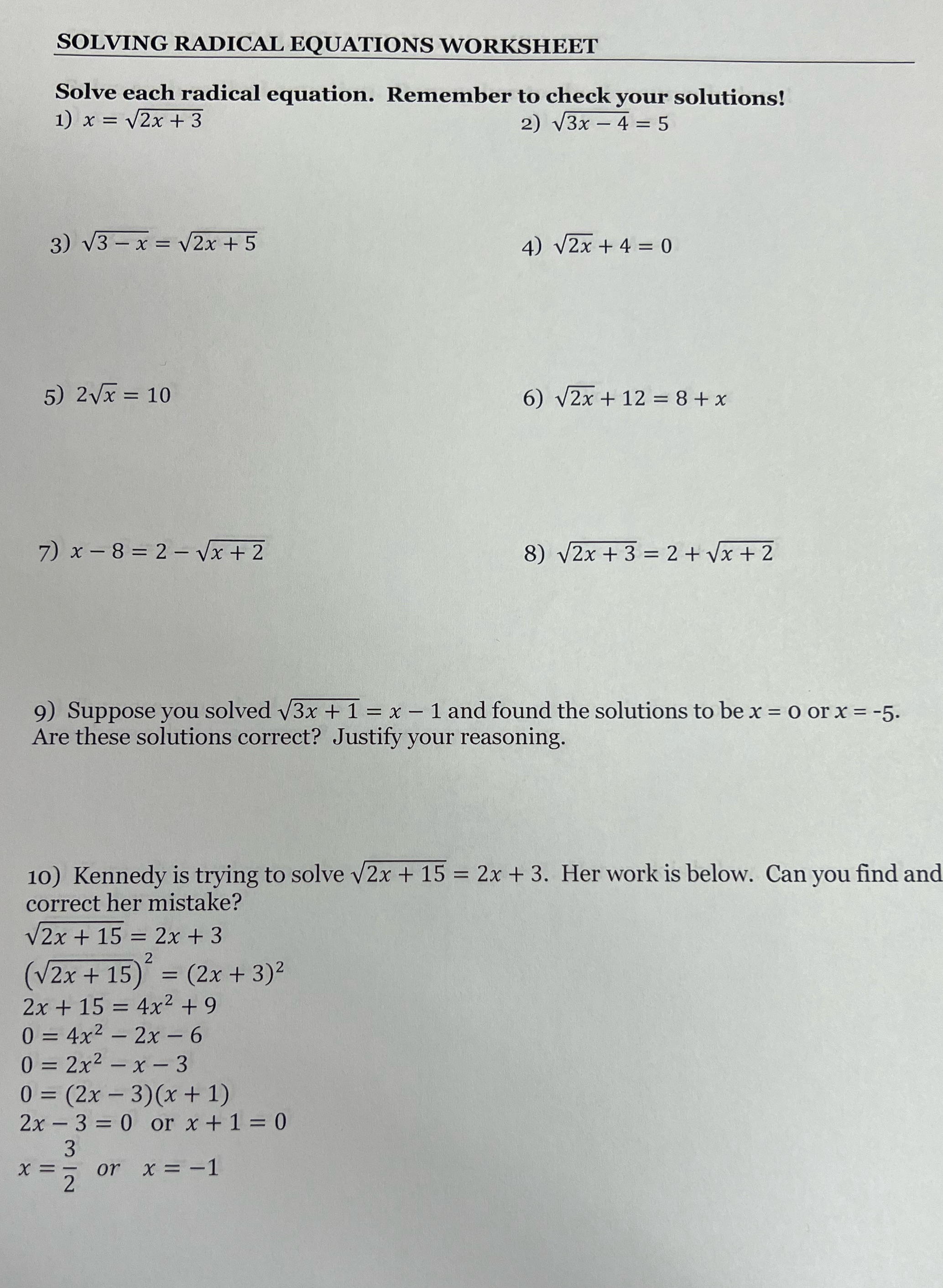 SOLVING RADICAL EQUATIONS WORKSHEET Solve each