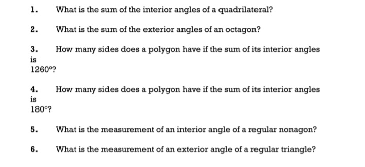 1. What is the sum of the interior angles of a