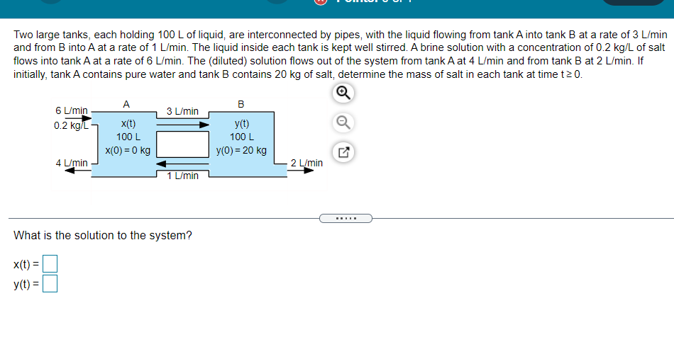 Two large tanks, each holding 100 L of liquid,