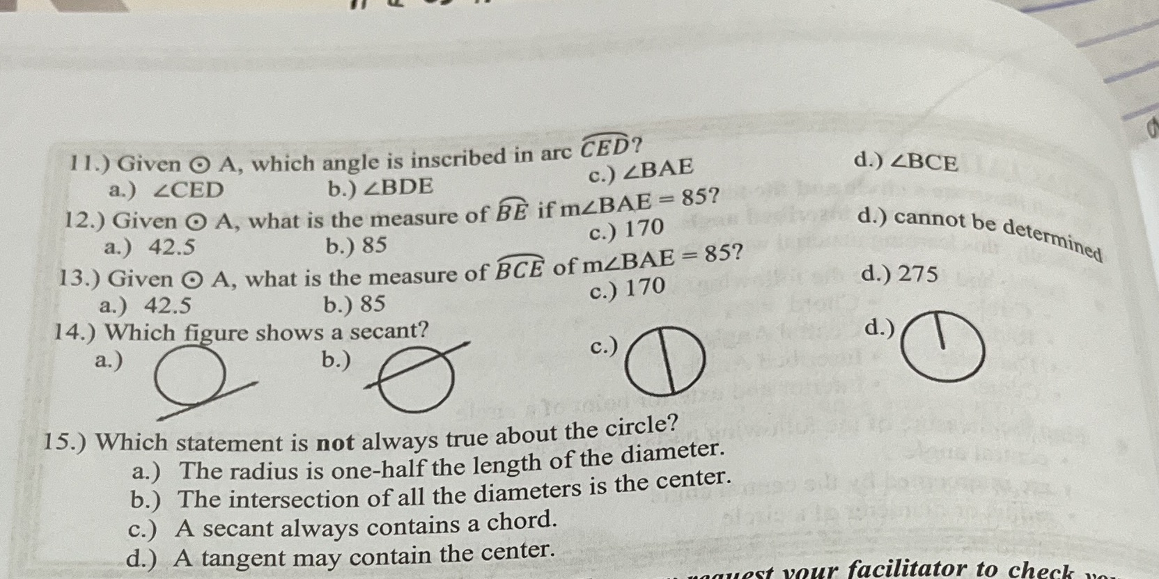 1 1.) Given O A, which angle is inscribed in arc