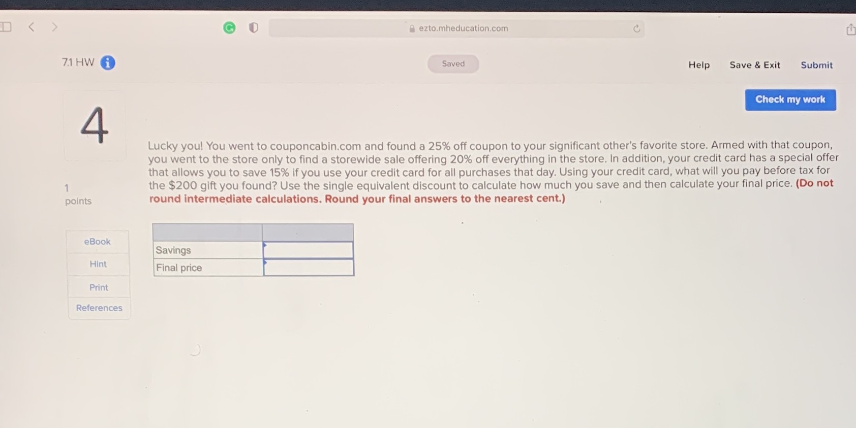 D G ezto.mheducation.com 71 HW i Saved Help Save