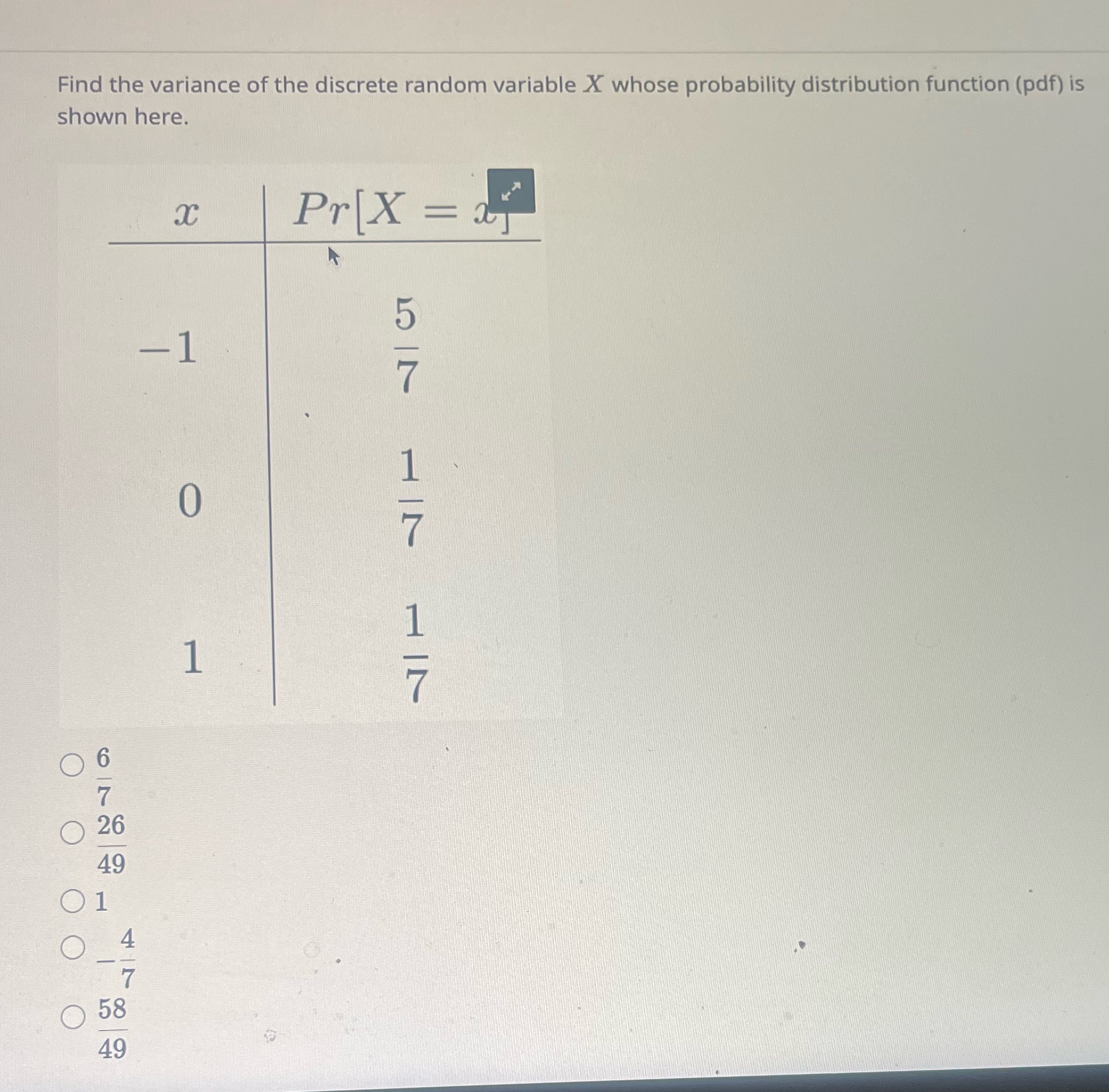 shown here. Find the variance of the discrete