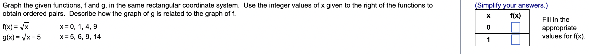 Graph the given functions, f and g, in the same