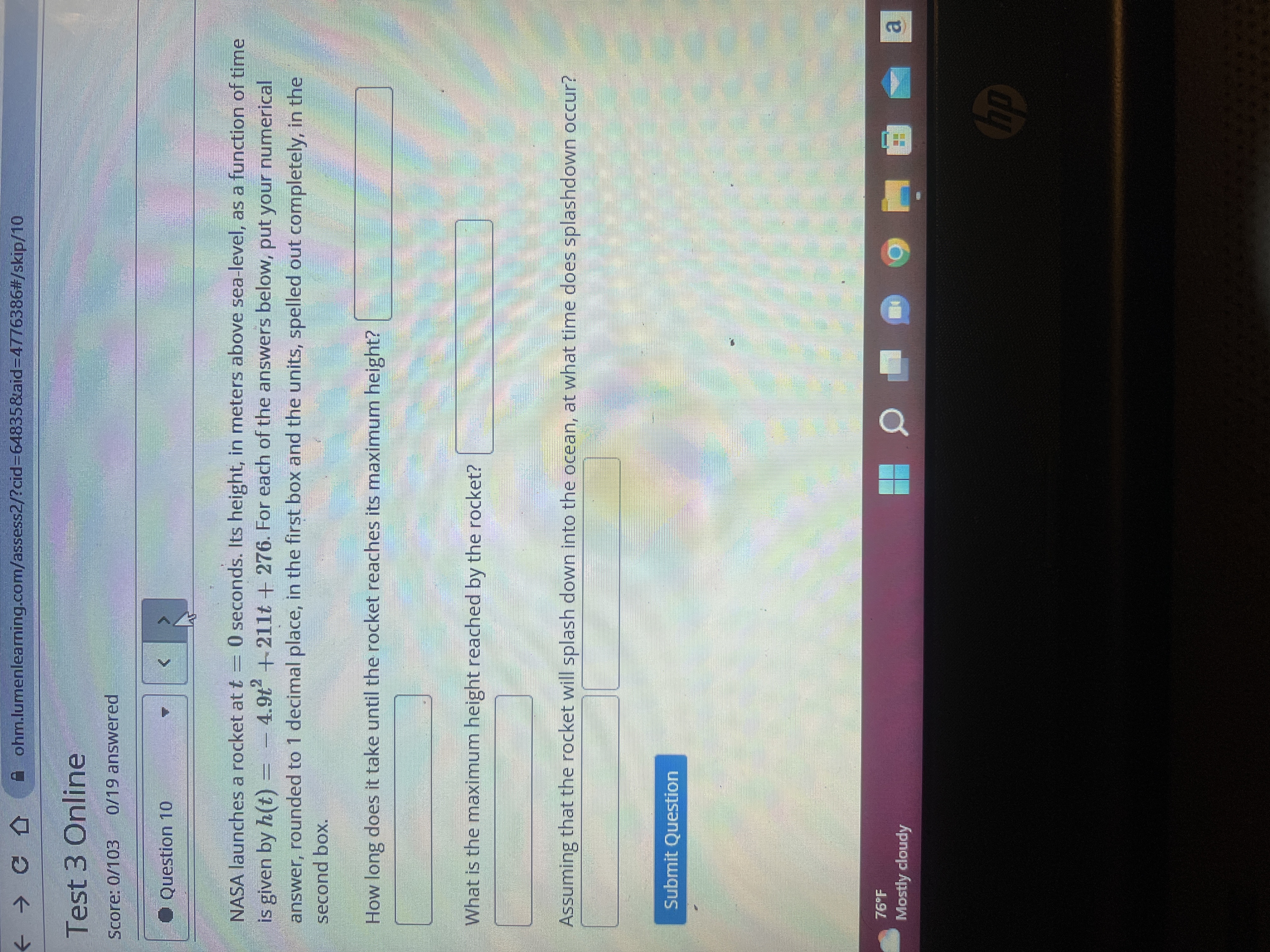 Test 3 Online Score: 0/103 0/19 answered Question