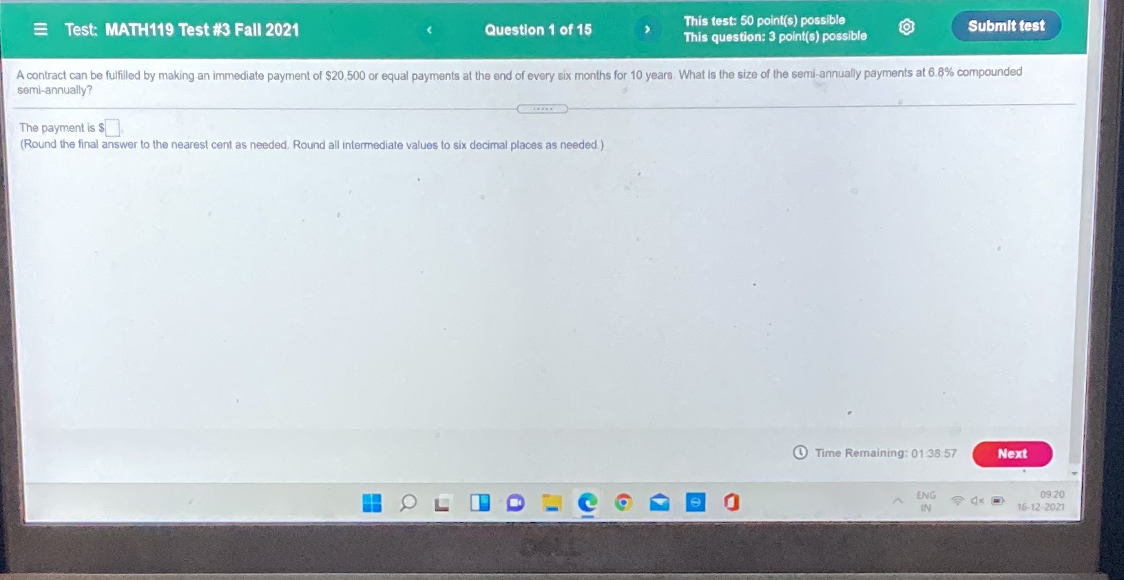 Test: MATH119 Test #3 Fall 2021 Question 1 of 15