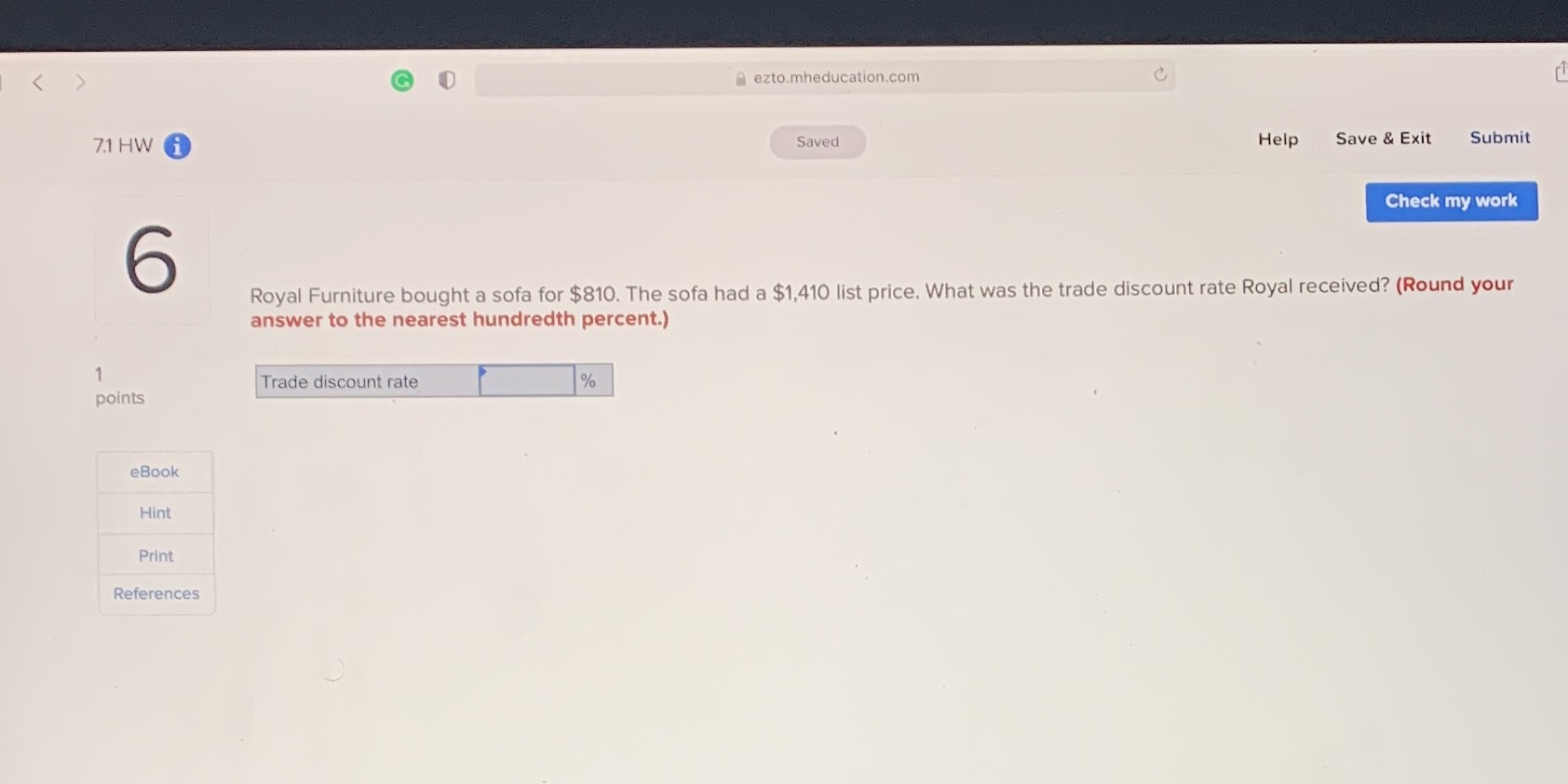 < G ezto.mheducation.com C 71 HW i Saved Help