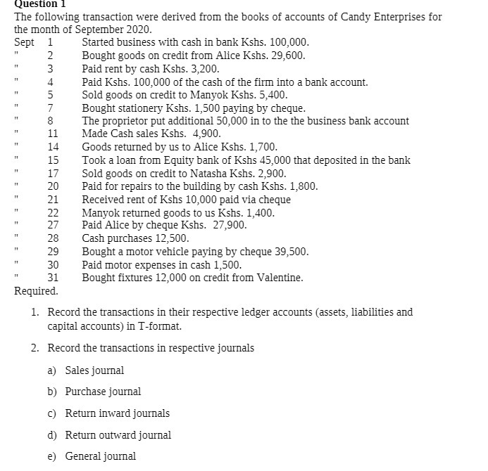 Question 1 The following transaction were derived