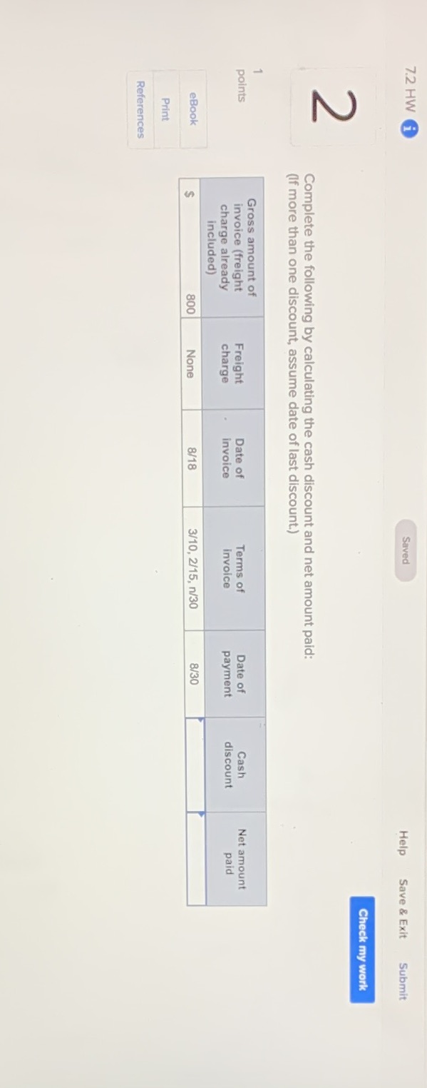 7.2 HW Saved Help Save & Exit Submit Check my