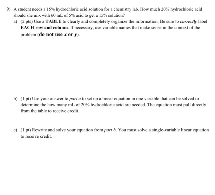 9) A student needs a 15% hydrochloric acid