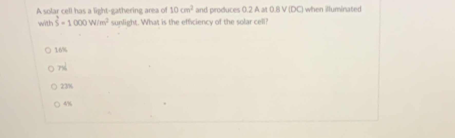 15 A solar cell has a light-gathering area of 10