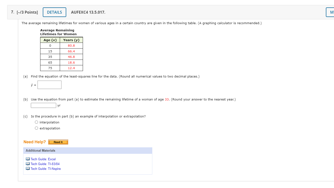 7. [-/3 Points] DETAILS AUFEXC4 13.5.017. M The