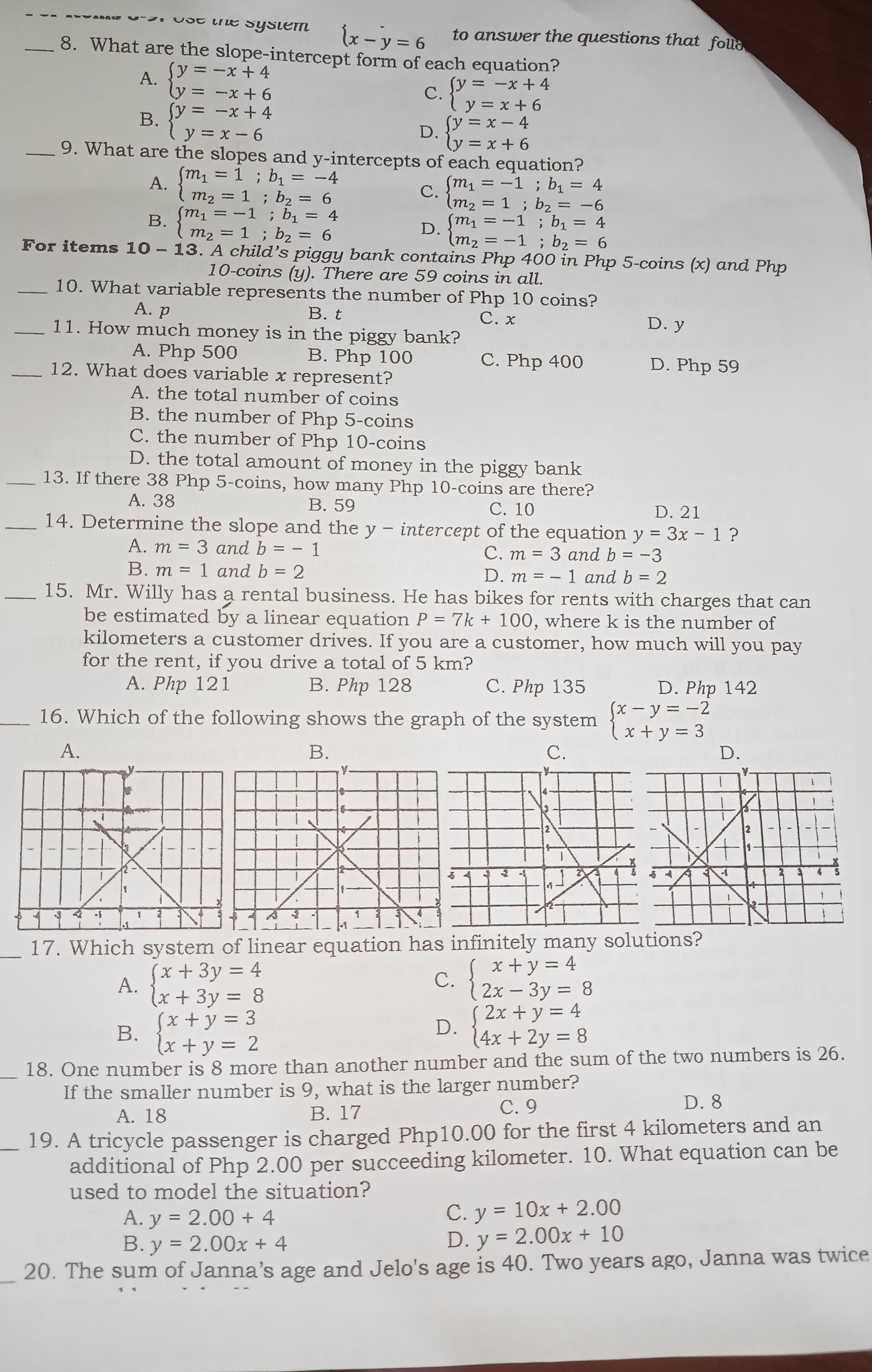 N VIVI VOE LIVE SYSLETTI (x - y = 6 to answer the
