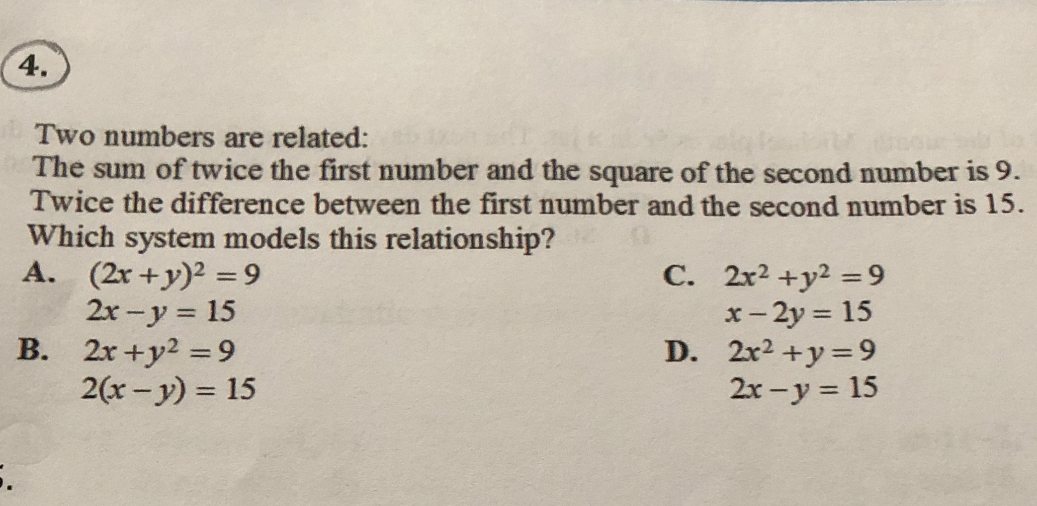 4. Two numbers are related: The sum of twice the