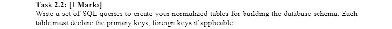 Task 2.2: [1 Marks] Write a set of SQL queries to
