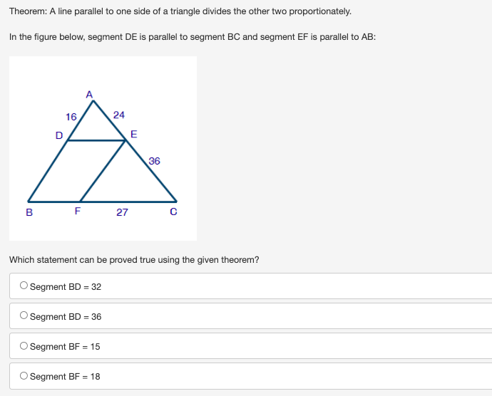 Theorem: A line parallel to one side of a