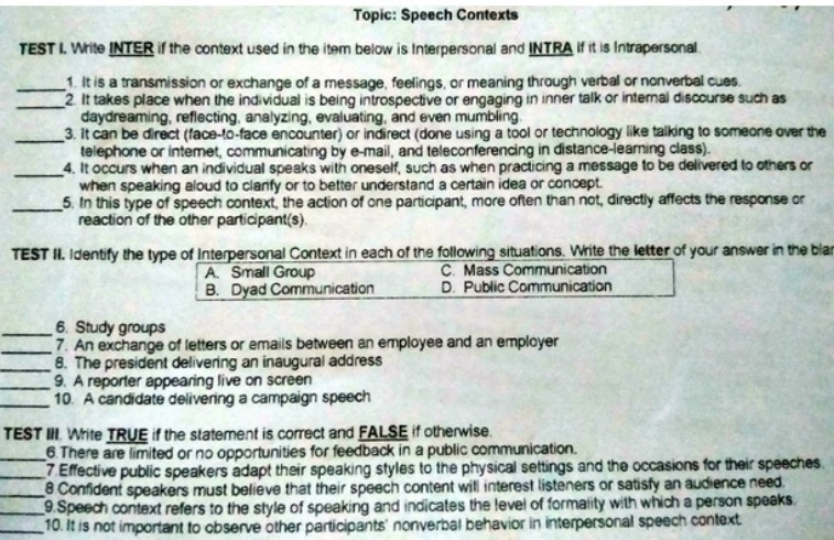 Topic: Speech Contexts TEST I. Write INTER if the