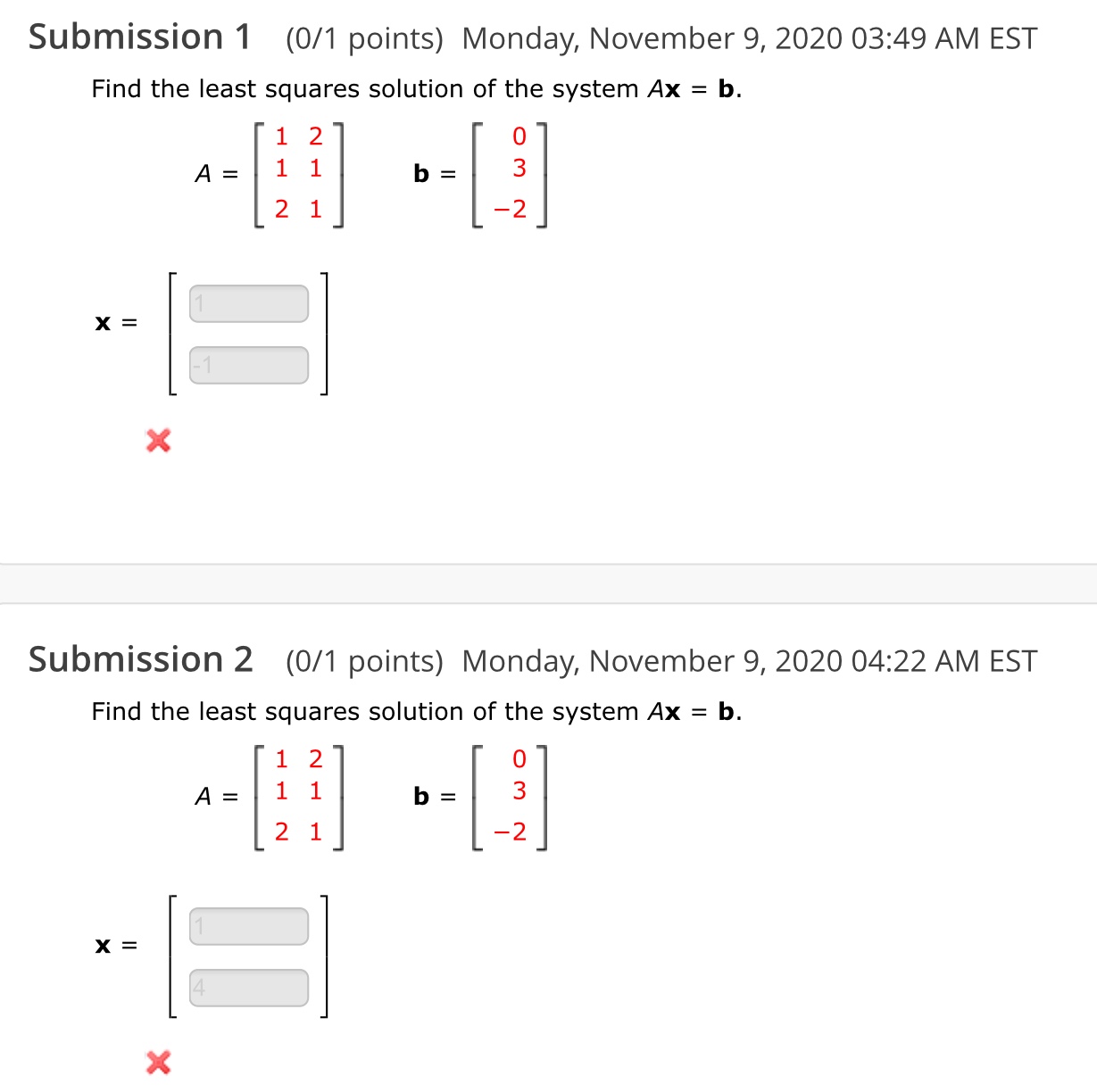 Linear Algebra . ( 4 questions) Submission 1 (0/1