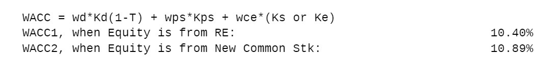 WACC = wd*Kd (1-T ) + wps*Kps + wce* (Ks or Ke)