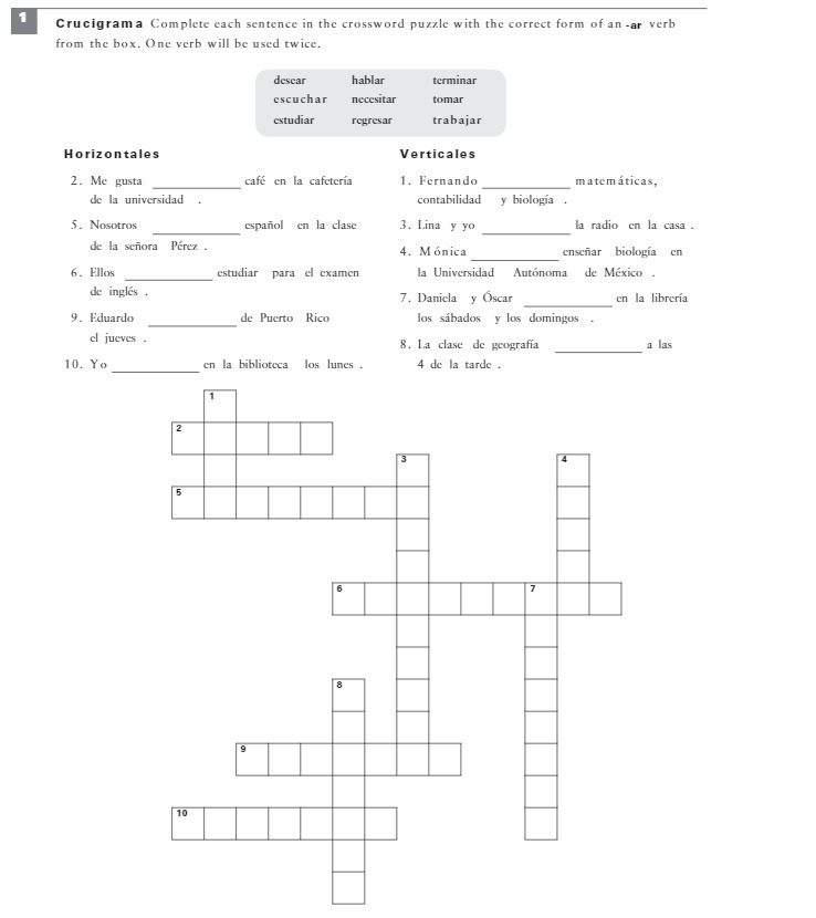 Crucigrama Complete each sentence in the